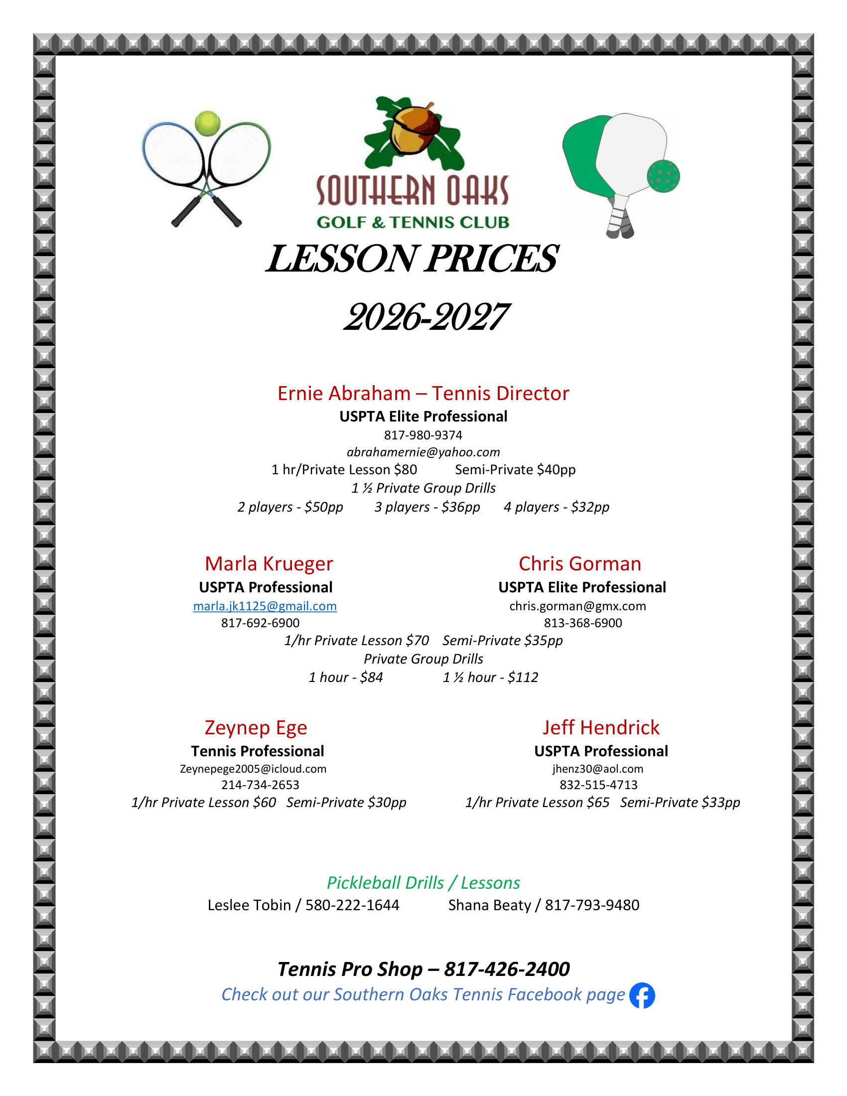 2026 Lesson Prices